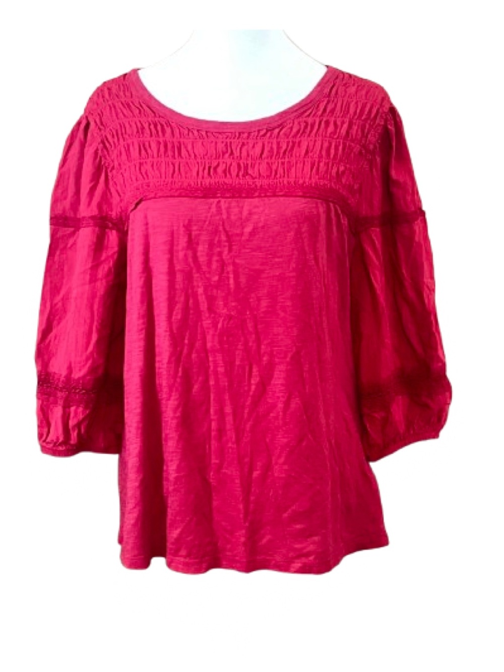 Cato Red Festive Smocked Yoke Peasant Blouse XL Boho Puff Sleeve
